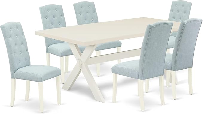 East West Furniture X027CE215-7 7 Piece Dining Room Table Set Consist of a Rectangle Kitchen Table with X-Legs and 6 Baby Blue Linen Fabric Parson Dining Chairs, 40x72 Inch, Multi-Color