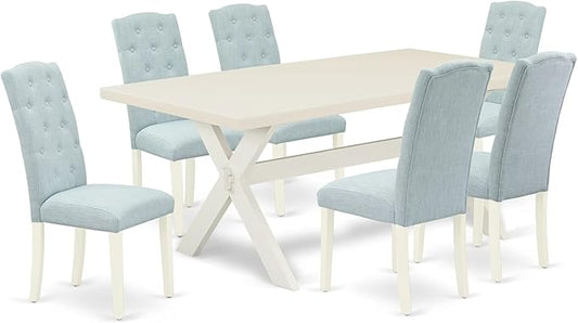 East West Furniture X027CE215-7 7 Piece Dining Room Table Set Consist of a Rectangle Kitchen Table with X-Legs and 6 Baby Blue Linen Fabric Parson Dining Chairs, 40x72 Inch, Multi-Color