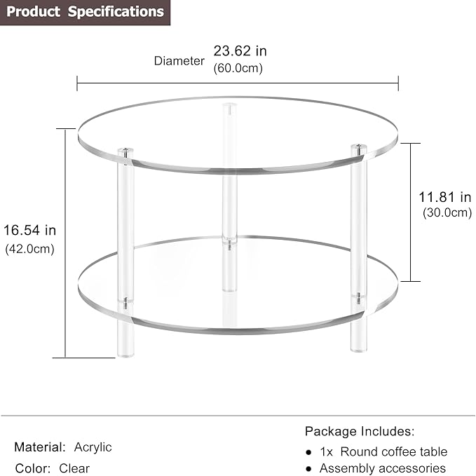 Acrylic Round Coffee Table, 23.6" Wide Modern Tea Table with Storage Shelf, 2-Tier Circle Center Table for Living Room, Office Reception and Apartment (Clear)