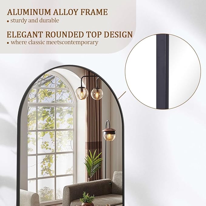 Koonmi 21x56 inch Arched Full Length Mirror, Black Large Floor Mirror with Aluminum Alloy Frame, Standing Hanging or Leaning Wall-Mounted Full Body Mirror for Living Room and Bedroom
