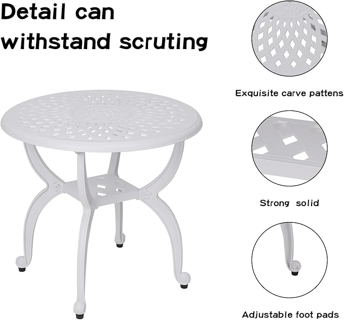 JARDIN DE CENTENNIAL Cast Aluminum Outdoor Side Table,Anti-Rust Outdoor End Table,Patio Coffee Bistro Table for Indoor,Garden,Porch,Balcony(Round White)