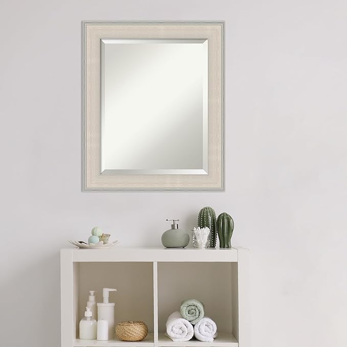 Amanti Art White Bathroom Mirror for Over Sink, 25x21 Cottage White Silver Rectangle Vanity Mirror, Small Coastal Wood Frame, Hangs Horizonally and Vertically, Bathroom Wall Decor, Beveled Edge