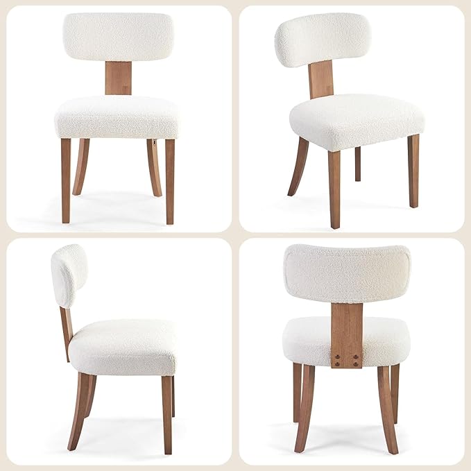 Farmhouse Chair Set of 2, Mid Century Modern Dining Chairs, Sherpa Upholstered Kitchen Chairs with Curved Backrest & Adjustable Legs for Living Room/Bedroom, Easy to Install, White Sherpa