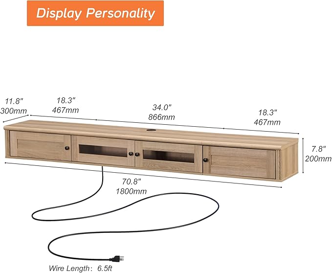 WAMPAT Floating TV Stand for TVs up to 80 Inch, Wooden Floating TV Shelf with Storage Cabinet, Modern Floating TV Shelf Entertainment Center for Living Room, Oak