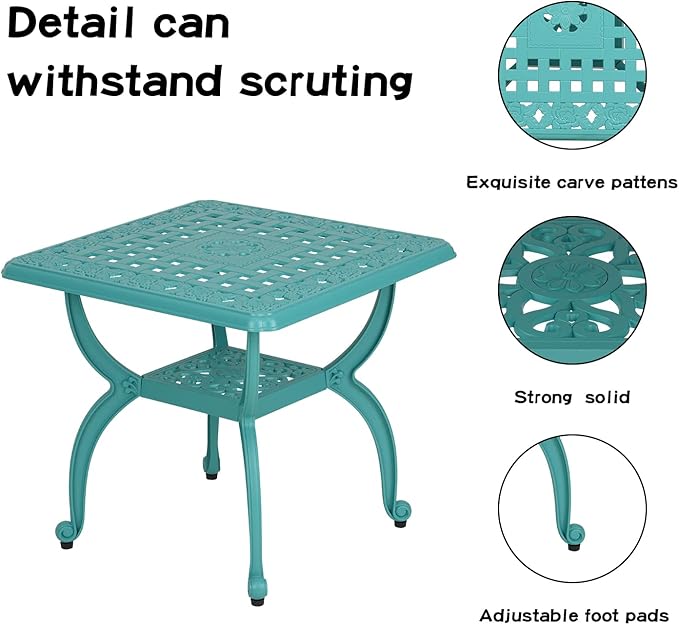 JARDIN DE CENTENNIAL Cast Aluminum Outdoor Side Table,Anti-Rust Outdoor End Table,Patio Coffee Bistro Table for Indoor,Garden,Porch,Balcony(Square Blue)