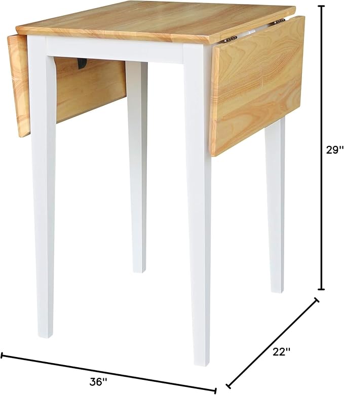 IC International Concepts, Solid Wood Small Drop Leaf Dining Table, Solid Real Wood, Sturdy Parawood, White/Natural