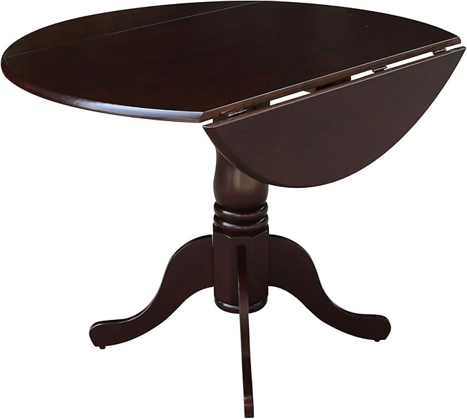 IC International Concepts, 42" Round Dual Drop Leaf Pedestal Dining Table, Solid Real Wood, Sturdy Parawood, Rich Mocha