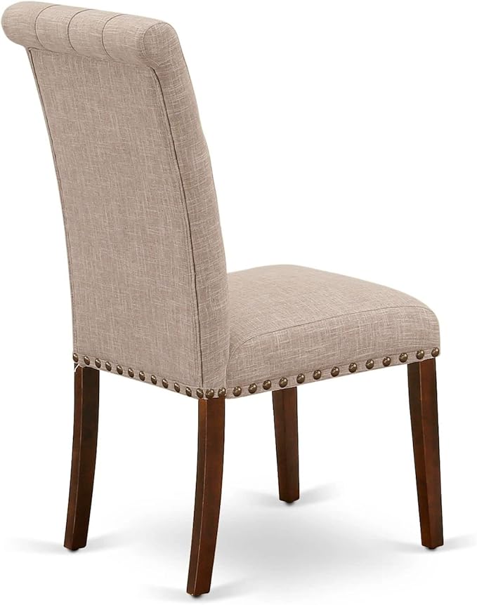 East West Furniture ESBR3-MAH-04 3 Piece Modern Dining Table Set Contains a Round Wooden Table with Pedestal and 2 Light Tan Linen Fabric Parson Dining Chairs, 30x30 Inch, Mahogany