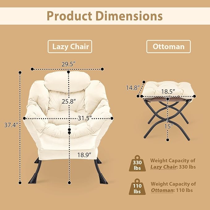 Lazy Chair with Folding Ottoman, Accent Chair Velvet Upholstered with Metal Structure and Non-Slip Pads, Sofa Armchair with Footrest and Side Storage Bag for Dorm, Room, Office, Beige