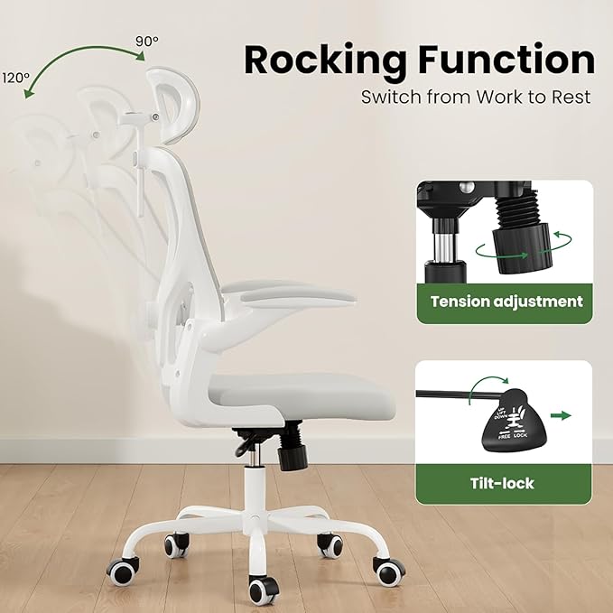 Ergonomic Office Chair, Comfy Home Office Chair High Back Computer Chair with Headrest, Adjustable Back Support, Flip-Up Arms, 90-120° Tilt and Wide Cushion, Up to 300lbs,White