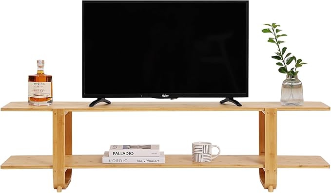Tiita Bamboo TV Stand for 55 Inch TV, Entertainment Center with 2 Open Shelf, Mid Century Modern Media Console for Living Room, Bedroom, Wood