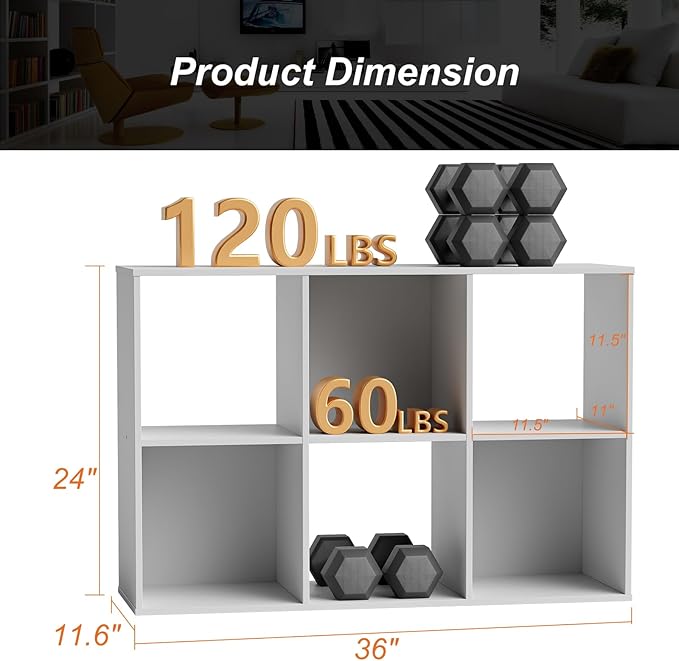 Sweetcrispy 6 Cube Storage Organizer - Open Cube Bookshelf with 3 Removable Back Panels, Display Storage Bookcase for Living Room, Bedroom, Entrance Hall, Home Office，36" L×11.6" W×24" H, White