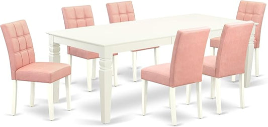 East West Furniture LGAS7-LWH-42 7 Piece Dining Table Set Consists A Wooden Table and 6 Beige Red Polyester Fabric Parson Dining Chairs with Stylish Back- Linen White Finish