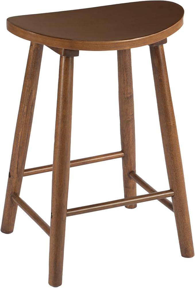 Nora 25" Counter Height Bar Stool, Backless Wooden Stool with Saddle Seat, Solid Rubber Wood Construction, Brown Finish, Ideal for Kitchen Island & Home Bar Seating