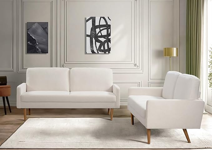 Kent 2 Piece Velvet Sofa and Loveseat Set, European Style with Modern & Vintage Flair, Upholstered 5 Seater Couch, Chic Living Room Furniture Seating for Home, Apartment or Office, Ivory