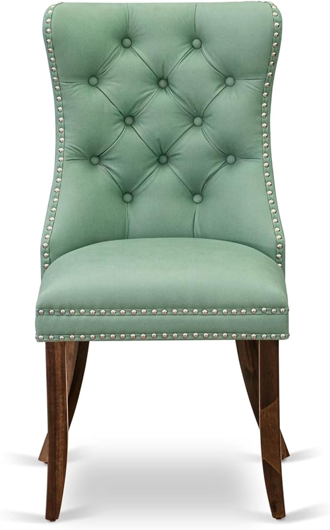 LEDA9-AWA-22 9-Piece Modern Dining Table Set Includes a Kitchen Table and 8 Willow Green Polyester Fabric Dinner Chairs with Button Tufted Back - Antique Walnut Finish