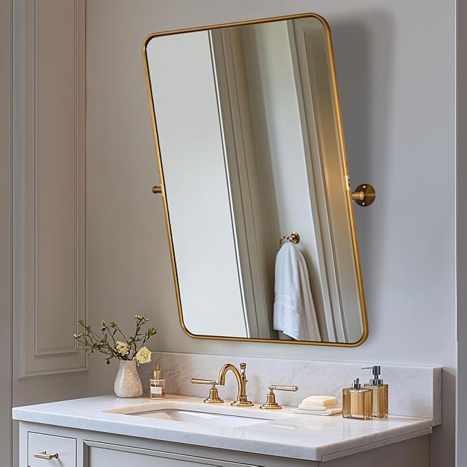 ANDY STAR Gold Pivot Mirror, 22" x 30" Brushed Gold Metal Frame Vanity Mirrors for Over Sink, Farmhouse Rectangle Bathroom Mirror with Adjustable Tilting Design Wall Mounted