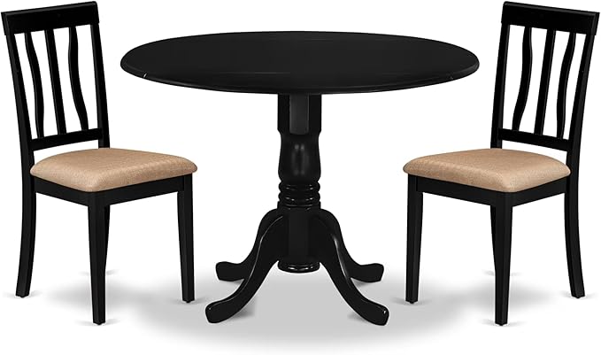 East West Furniture DLAN3-BLK-C 3 Piece Dining Table Set for Small Spaces Contains a Round Dining Room Table with Dropleaf and 2 Linen Fabric Upholstered Chairs, 42x42 Inch, Black