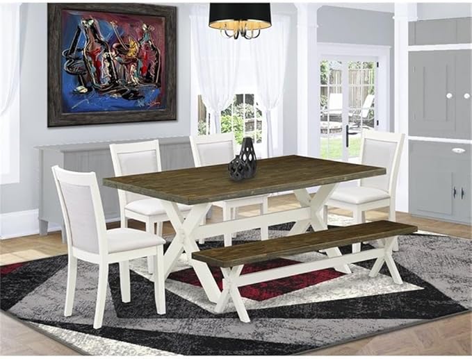 East West Furniture X077MZ001-6 6 Piece Kitchen Table Set Contains a Rectangle Dining Table with X-Legs and 4 Cream Linen Fabric Parson Chairs with a Bench, 40x72 Inch, Multi-Color