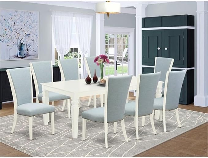 East West Furniture LGVE9-LWH-15 9 Piece Dining Set Includes a Rectangle Dining Room Table with Butterfly Leaf and 8 Baby Blue Linen Fabric Upholstered Chairs, 42x84 Inch, Linen White