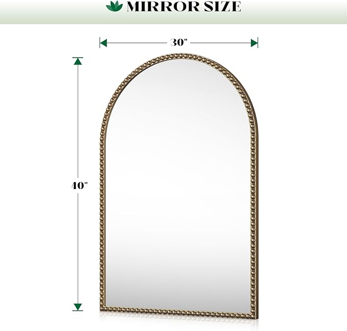 Beaded Arched Mirror for Wall, 30"x40" Gold Arch Brass Bathroom Mirrors, Champagne Bronze Vintage Metal Frame Decorative Mirror for Mantle,Bedroom Dressing Room Entryway Fireplace