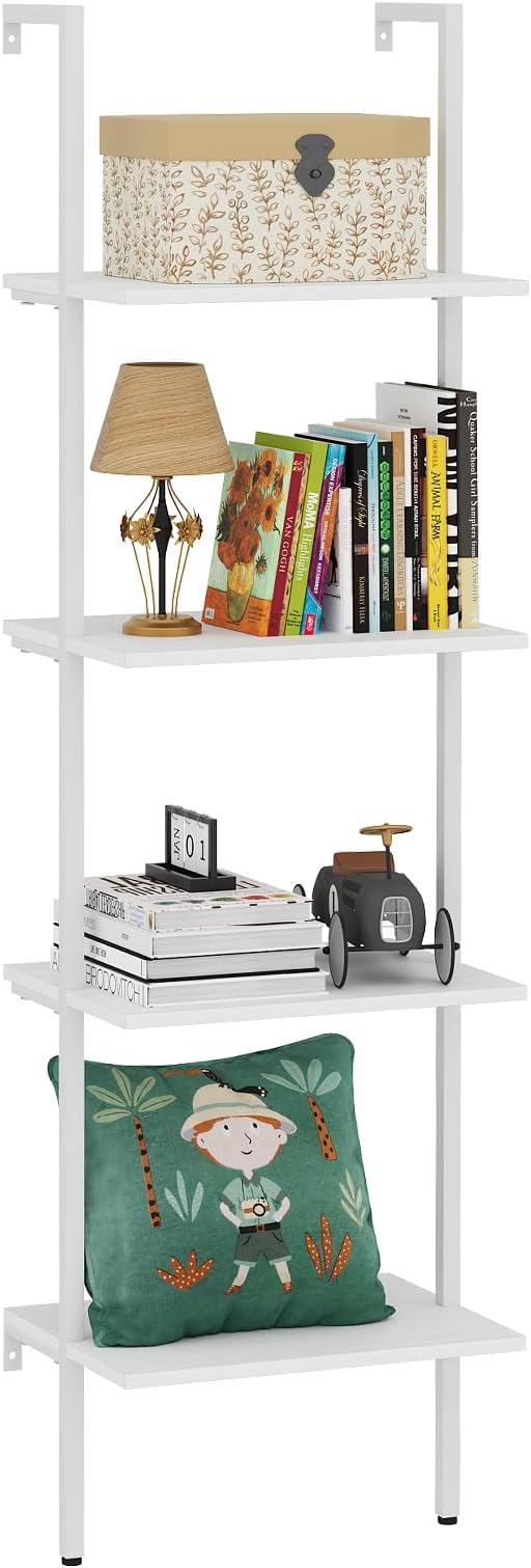 Ladder Shelf 4 Tiers Metal Industrial Bookshelf,White Wooden Tall Open Storage Rack and Display Shelves,Wall Mount Wide Bookcase for Home Office Bedroom,Small