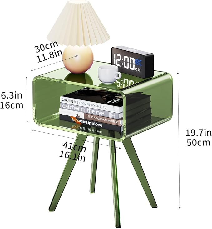 Acrylic Side Table, Acrylic Nightstand Bedside Table for Bedroom (Green, 16.1'' x 11.8'' x 19.7'')