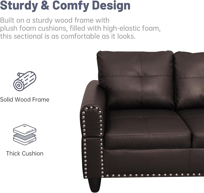 L Shaped Modular Sectional Sofa with Reversible Chaise Lounge, 5-Seater Corner Couch, PU Leather Convertible Sofá w/Movable Ottoman, Cup Holders, 2 Pillows and Rivet Ornament for Living Room