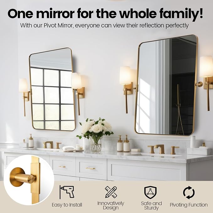 MOON MIRROR Brushed Gold Pivot Mirror,Brass Tilt Vanity Rectangle for Bathroom, Overall 26.33 x 30 in (Mirror 22x 30 in)