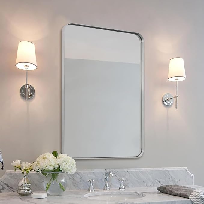 ANDY STAR Chrome Mirror for Bathroom, 30x36 Metal Frame Wall Mirror with Rounded Corner, Modern Rectangle Bathroom Vanity Mirror with Polish Finish…