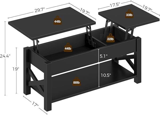 Rolanstar Coffee Table 47.2", 2 Way Lift Top Farmhouse Center Table with Hidden Compartment, Open Shelf & X Wooden Support for Living Room, Black