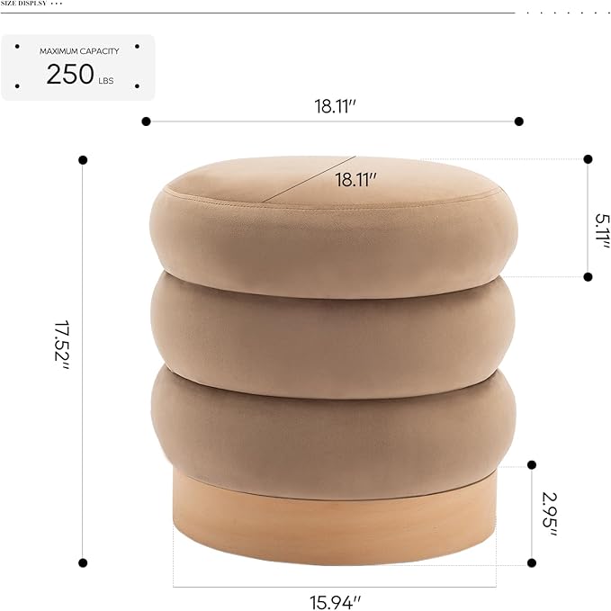 COLAMY Velvet Ottoman Footstool, Tufted Modern Foot Rest Stool with Wood Base for Living Room, Bedroom, Desk, Round Versatile Side End Table, Pouf, Makeup Seat, Camel