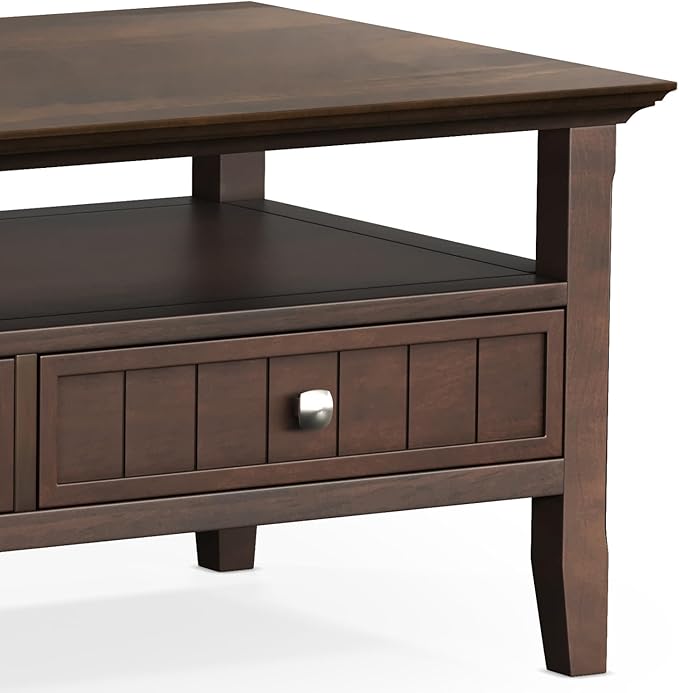 SIMPLIHOME Acadian Coffee Table - 48 inch Wide Solid Wood Transitional Cocktail Table with 2 Drawers in Brunette Brown, Classic Living Room Table with Storage Shelf and Tapered Legs