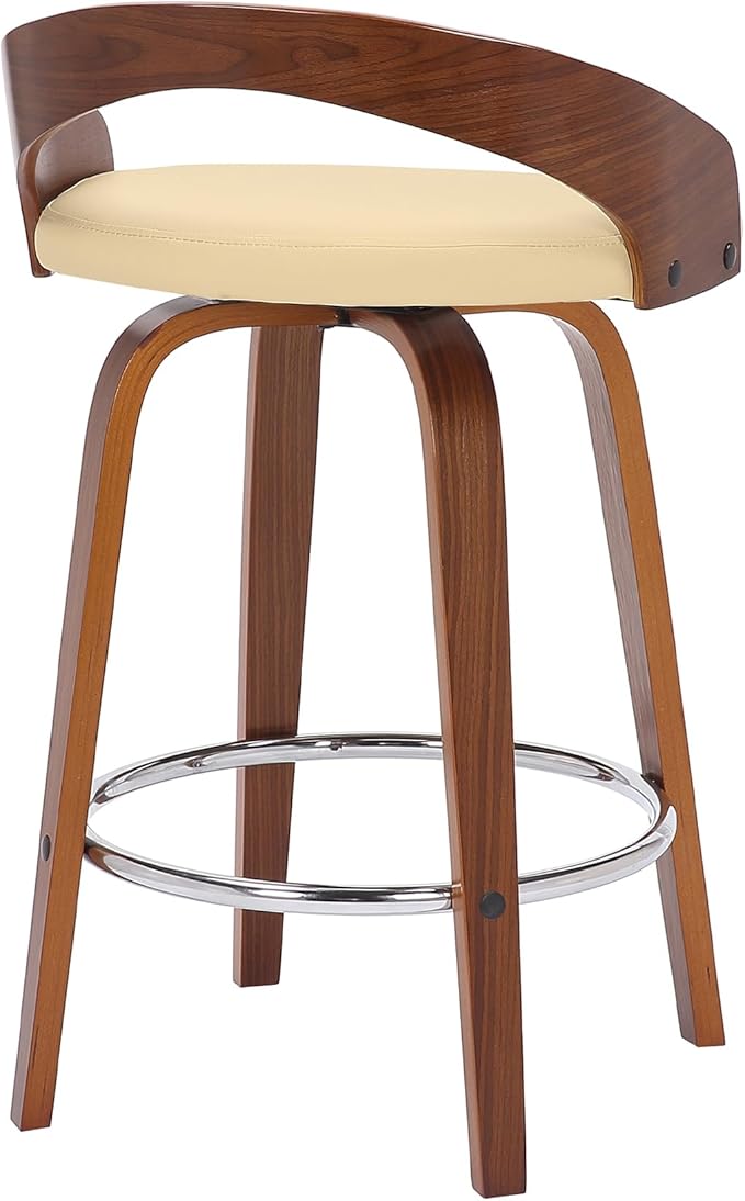 Armen Living Sonia 26" Counter Height Swivel Cream Faux Leather and Walnut Wood Bar Stool - Set of 4