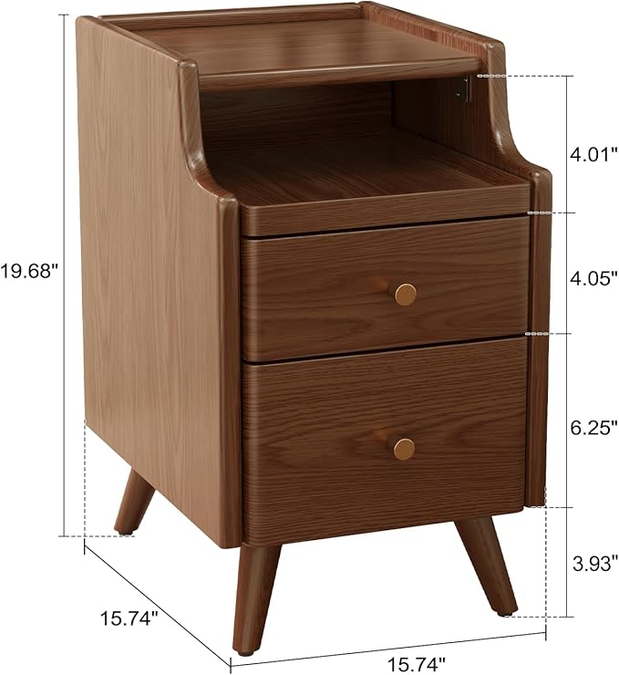 Wood Nightstand, Walnut Nightstand with 2 Drawers, Bedside Table for Bedroom