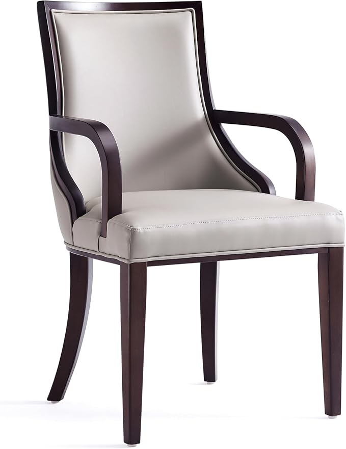 Manhattan Comfort Grand Faux Leather Dining Chairs with Arms, Padded Wingback Seat, Fine Rectangular Stitching and Solid Wood Frame, Set of 2, Light Grey