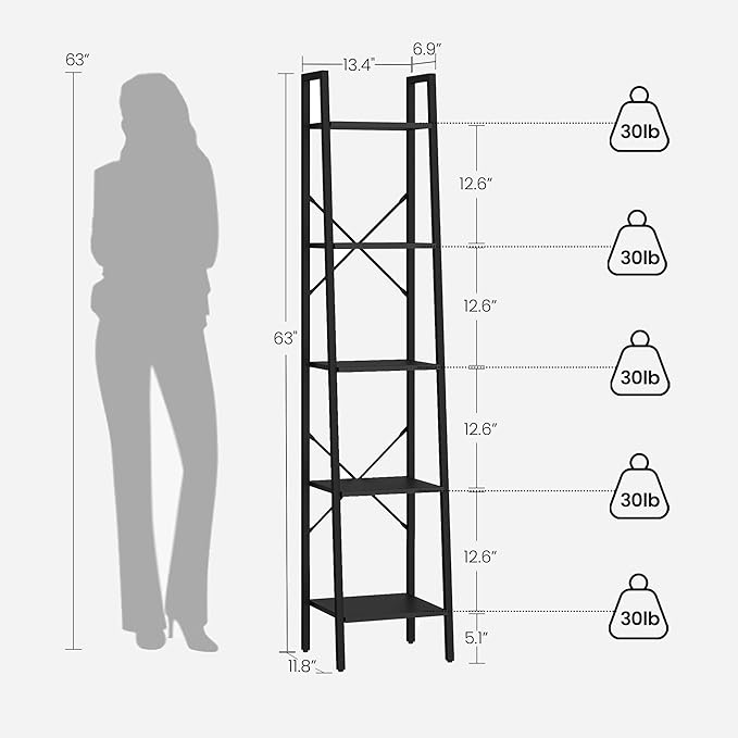 Ladder Shelf, Bookshelf Bookcase, Freestanding Corner Storage Shelve with 2 Hooks for Home Office, Living Room, Kitchen, Bedroom, Industrial, 5-Tier Black BC03204B