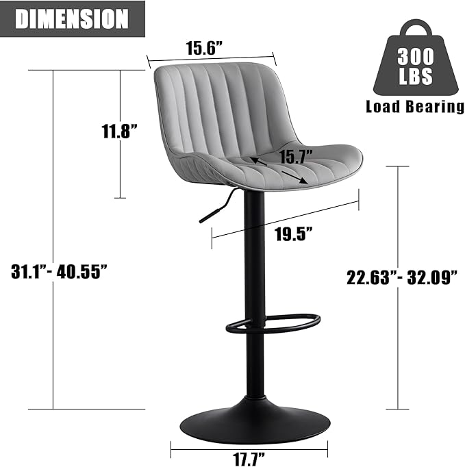 YOUNIKE Grey Bar Stools Set of 2 Kitchen Counter Height Barstools with Backs Modern Swivel Faux Leather Padded Bar Chairs Tall Adjustable Stools for Breakfast Island