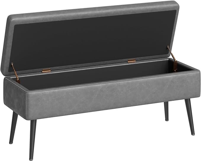 GarveeHome Storage Ottoman Bench, Mid-Century Modern Entryway Bedroom Bench, Synthetic Leather with Stitching, Safety Hinges, Loads 680 Lb, Grey