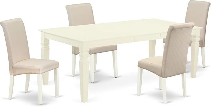 East West Furniture LGBA5-LWH-01 5 Piece Dinette Set Includes a Rectangle Dining Table with Butterfly Leaf and 4 Cream Linen Fabric Parson Dining Room Chairs, 42x84 Inch, Linen White