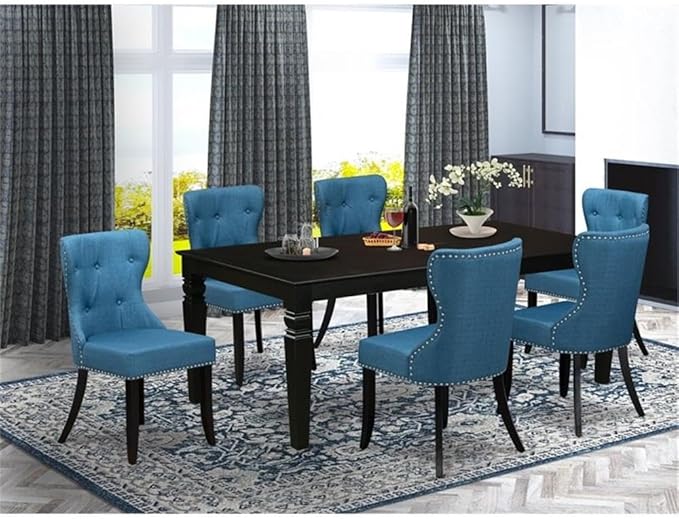 East West Furniture LGSI7-BLK-21 7 Piece Kitchen Table Set Consist of a Rectangle Dining Table with Butterfly Leaf and 6 Blue Linen Fabric Parson Dining Chairs, 42x84 Inch, Black