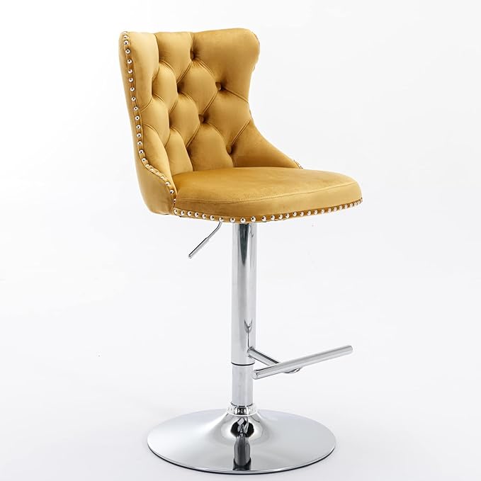 PacknWood Acosure Swivel Velvet Bar Stools Adjusatble Seat Height from 25-33" with Backs Comfortable Tufted,Modern Upholstered Chrome Base BarChairs for Home Pub Kitchen,Gold,Set of 2