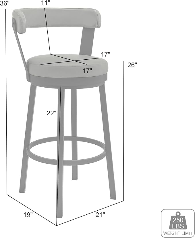 Armen Living Bryant Modern 26" Seat Height Black Faux Leather and Brushed Stainless Steel Metal Swivel Bar Stool for Kitchen Island Counter