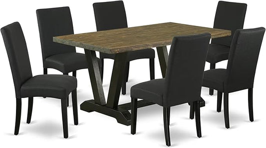 East West Furniture V676DR124-7 7 Piece Dining Room Table Set Consist of a Rectangle Dining Table with V-Legs and 6 Black Color Linen Fabric Upholstered Chairs, 36x60 Inch, Multi-Color