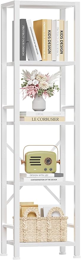 Furologee 5 Tier White Bookshelf, Tall Narrow Bookcase for Small Space, Modern Freestanding Shelf, Metal and Wooden Display Storage Shelves for Bedroom, Living Room, Office