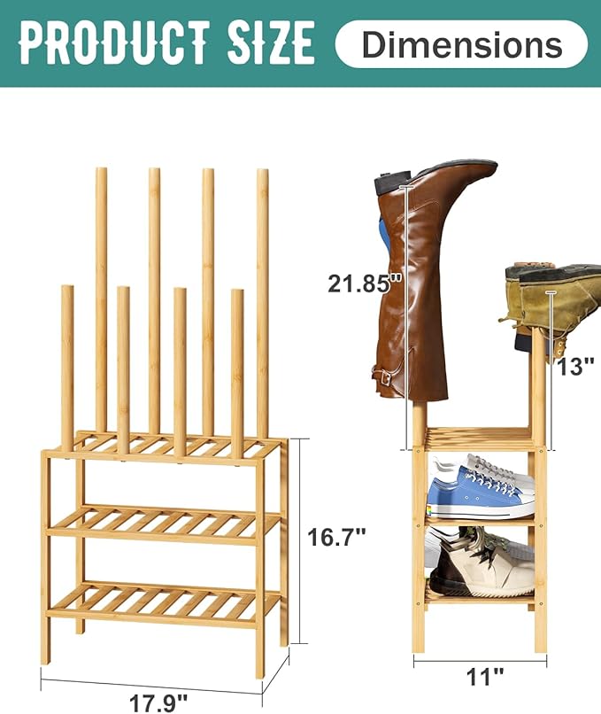 Small Boot Rack with Shoe Rack, Boot Rack Organizer Tall Boots for Closet, Bamboo Wood Shoe Shelf Storage Organizer for Entryway Small Space