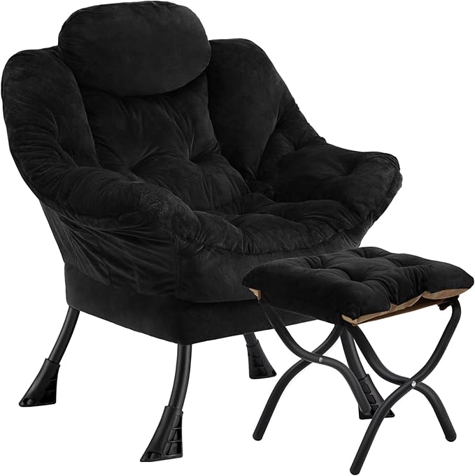 Lazy Chair with Folding Ottoman,Leisure Sofa Chair,Soft Fabric Armchair with Armrests and Side Pockets, Reading Chair with Footrest for Living Room, Bedroom, Office (Plush Black)