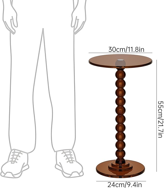Acrylic Side Table, End Table Round Top with Solid Post for Living Room, Bedroom, Balcony, Easy Assembly (Clear) (Pedestal, Dark Brown)