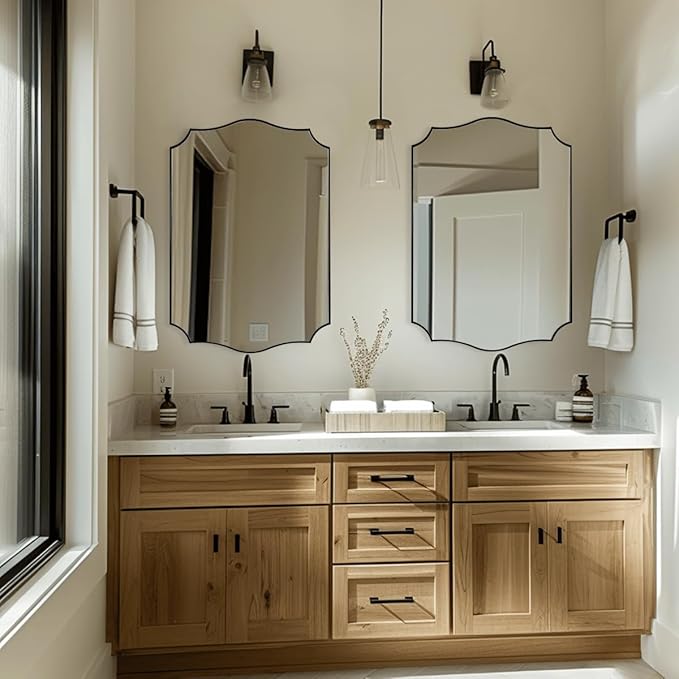 Black Wall Mirror, 24x36 Scalloped Mirror for Bathroom, Anti-Rust Metal Frame Vanity Mirrors for Living Room, Bedroom, Fireplace
