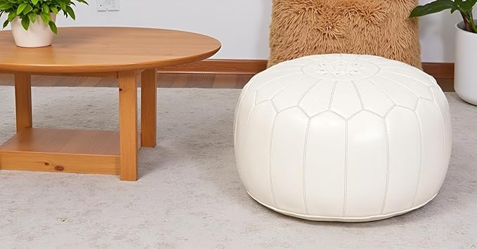 Stuffed Round Design Moroccan Leather Pouf Ottoman, Handmade, Pre-Filled, 100% Genuine Leather, 13” Height x 20” Diameter, Footstool & Living Room Décor (White)